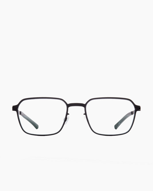 black metal rectangle eyeglasses by Mykita model Carson, front view, lunettes de vue rectangle couleur noir