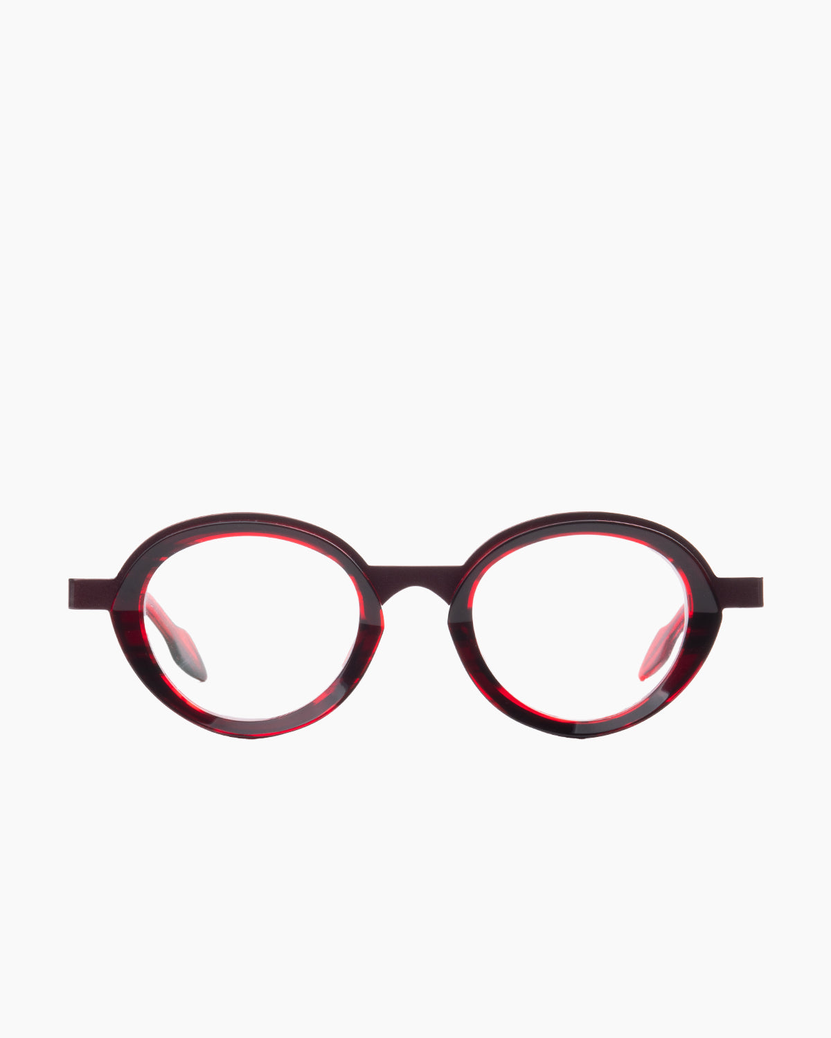 burgundy plastic oval eyeglasses by Theo model apple, front view, lunettes de vue ovale couleur bourgogne