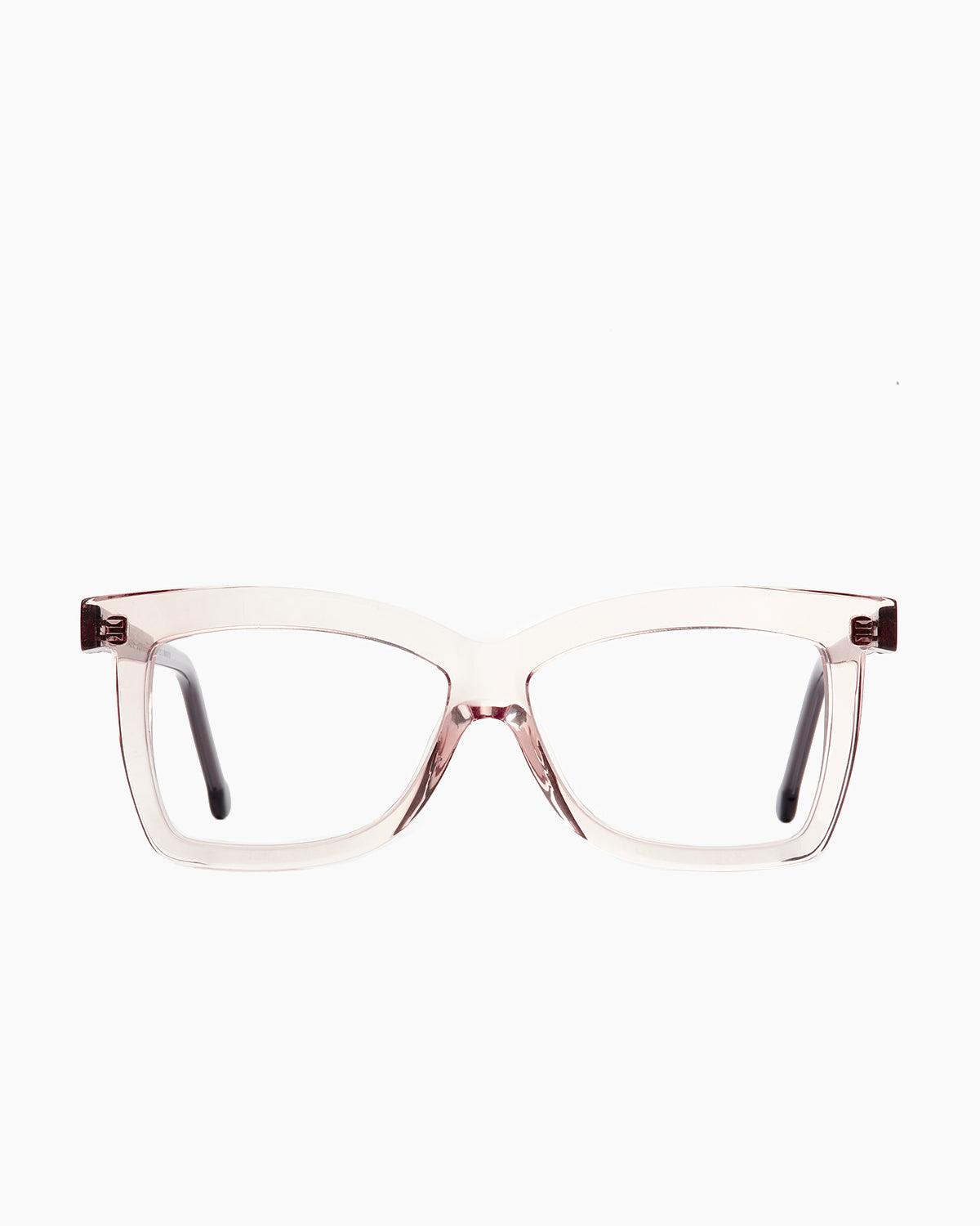 crystal, pink plastic butterfly eyeglasses by Marie-Sophie Dion model Ernst, front view, lunettes de vue papillon couleur cristal, rose