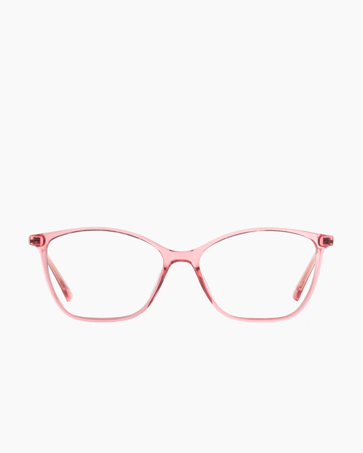 pink plastic butterfly eyeglasses by Evolve model EL1, front view, lunettes de vue papillon couleur rose
