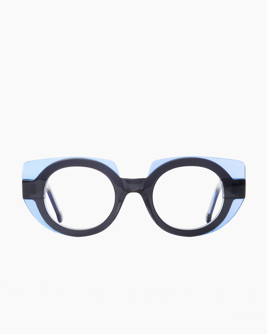 blue plastic round eyeglasses by Marie-Sophie Dion model Lewis, front view, lunettes de vue rond couleur bleu