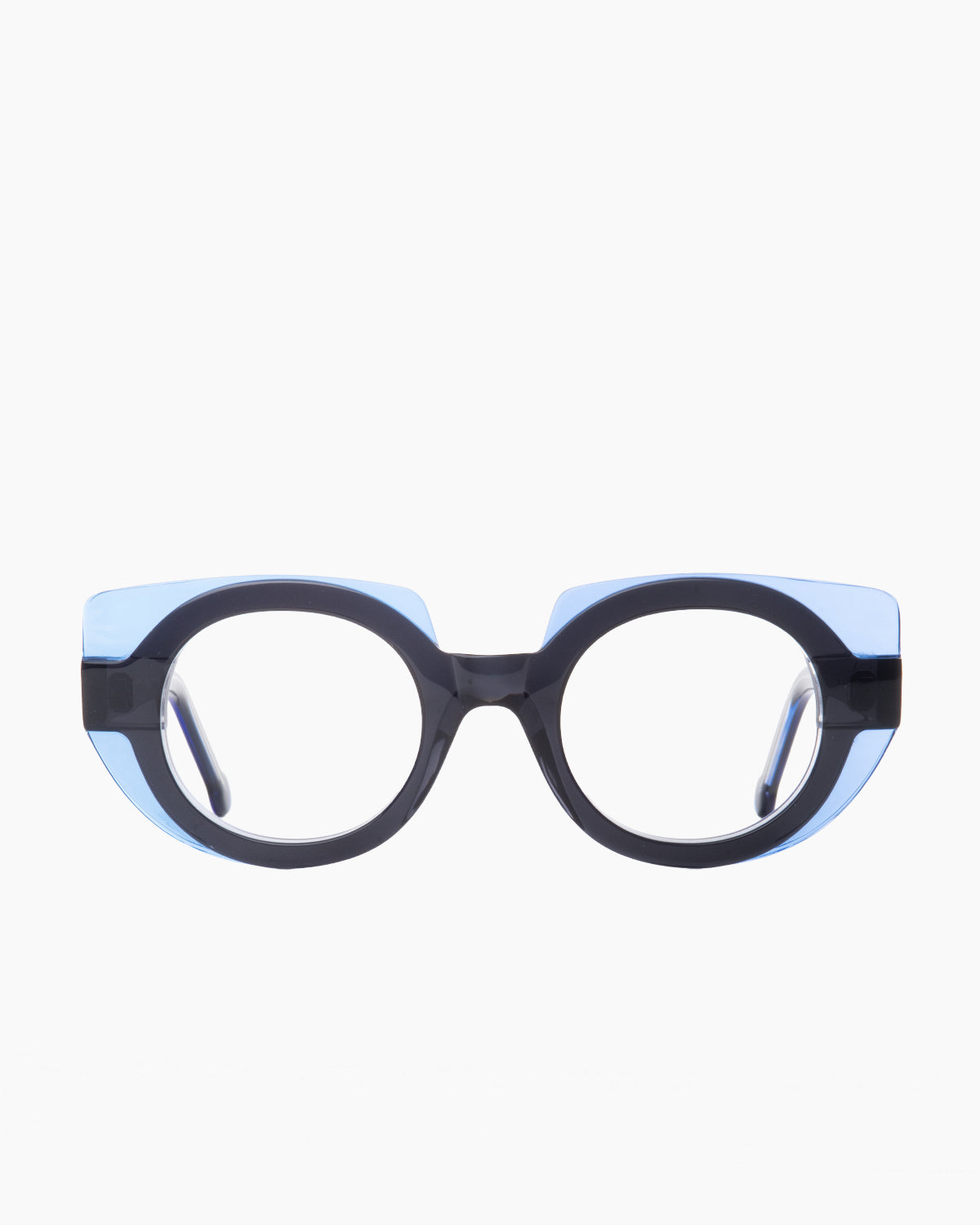blue plastic round eyeglasses by Marie-Sophie Dion model Lewis, front view, lunettes de vue rond couleur bleu