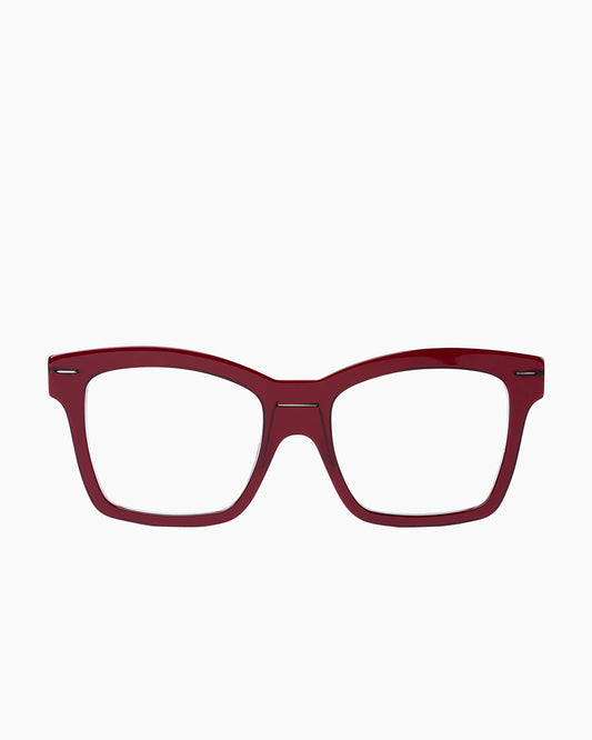 burgundy plastic rectangle eyeglasses by Monogram Marie-Sophie Dion model Wellesley, front view, lunettes de vue rectangle couleur bourgogne