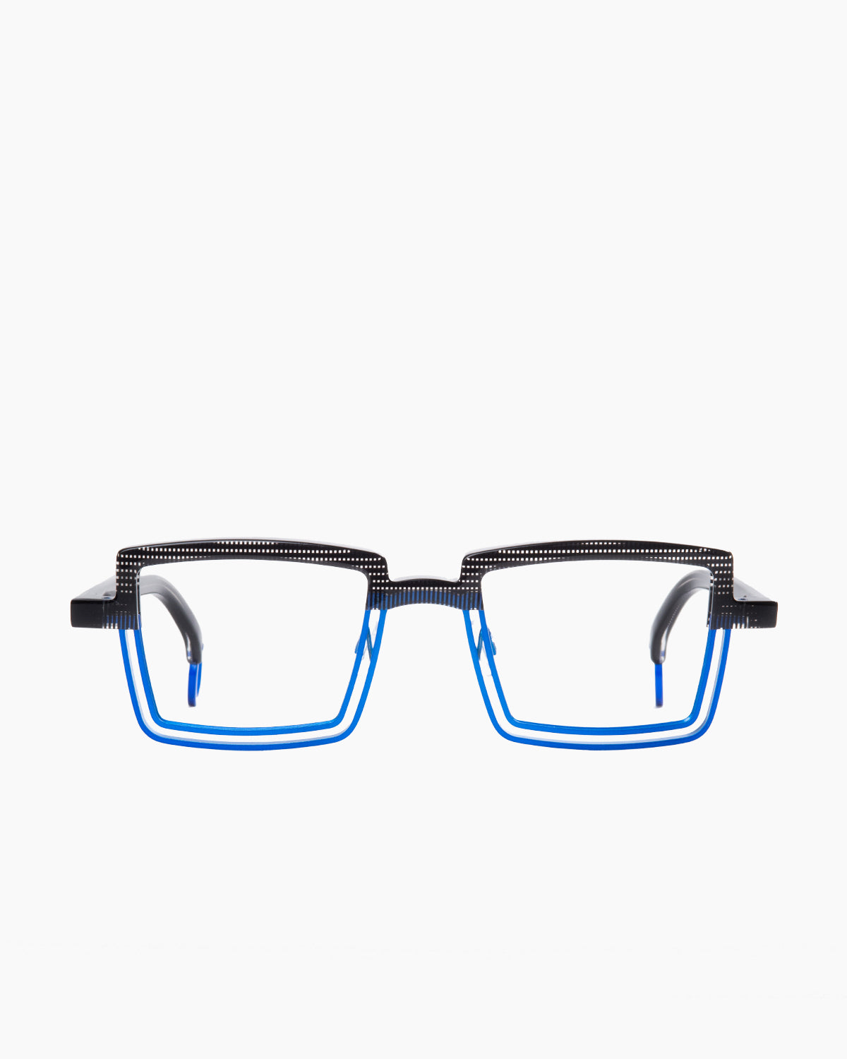 blue metal rectangle eyeglasses by Theo model Spinner, front view, lunettes de vue rectangle couleur bleu