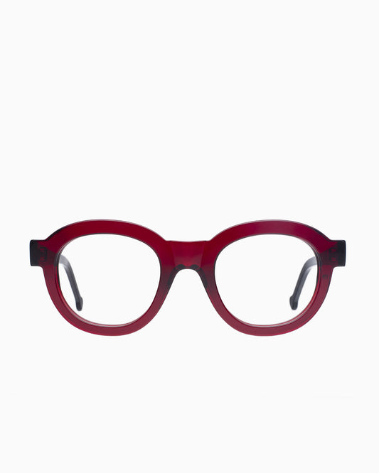 burgundy plastic round eyeglasses by Marie-Sophie Dion model Claude, front view, lunettes de vue rond couleur bourgogne