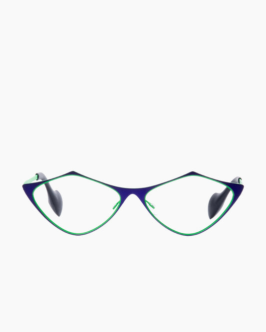 purple metal triangle eyeglasses by Theo model TOTTORI, front view, lunettes de vue  couleur violet