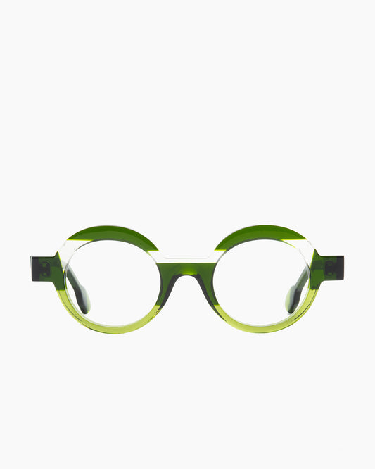 green plastic round eyeglasses by anne et Valentin model hOHO, front view, lunettes de vue rond couleur vert