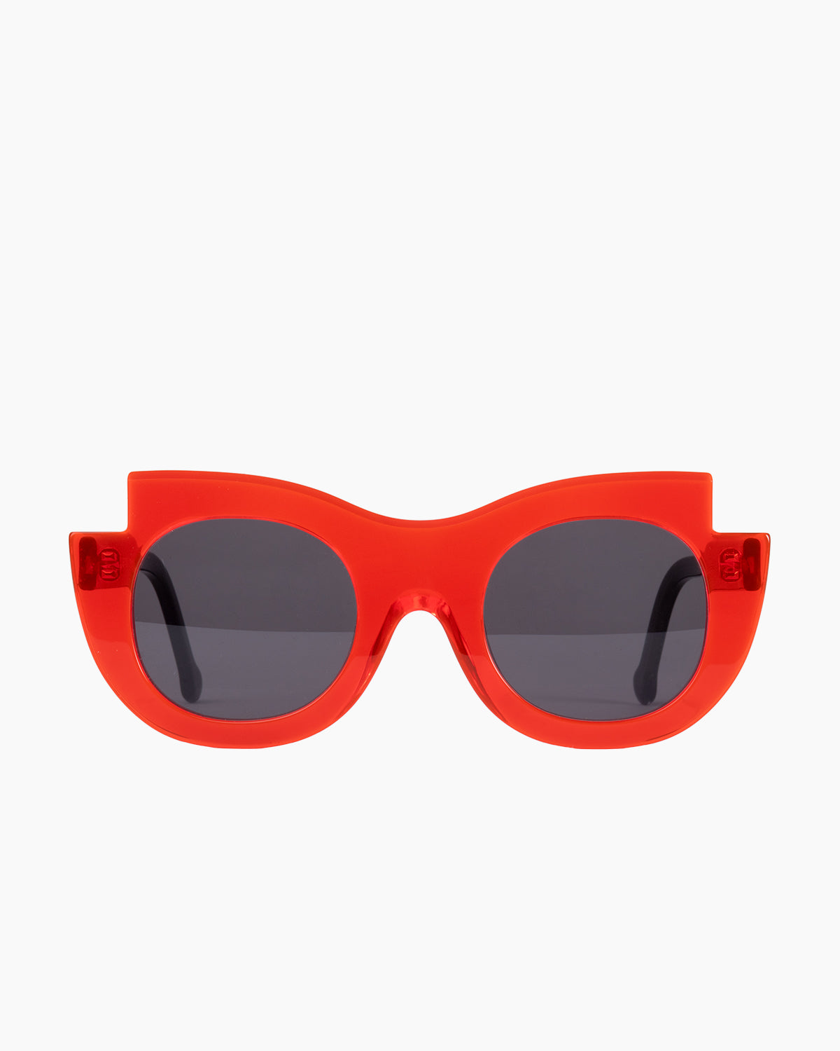 orange plastic oval  sunglassesby Marie-Sophie Dion model Latraverse2Sun, front view, lunettes de vue ovale couleur Orange