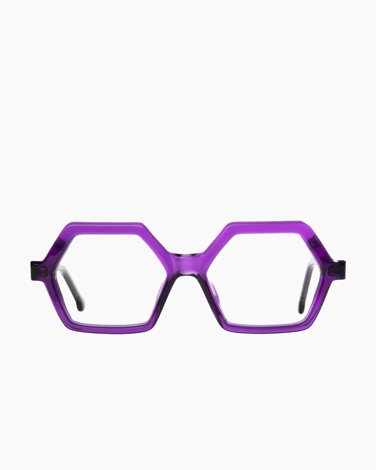 purple plastic hexagon eyeglasses by Marie-Sophie Dion model salsa, front view, lunettes de vue hexagone couleur violet