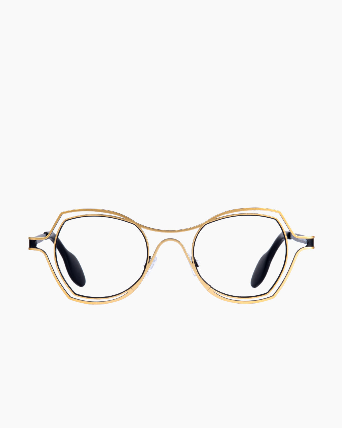 gold metal butterfly eyeglasses by Theo model DAYTONA, front view, lunettes de vue papillon couleur or