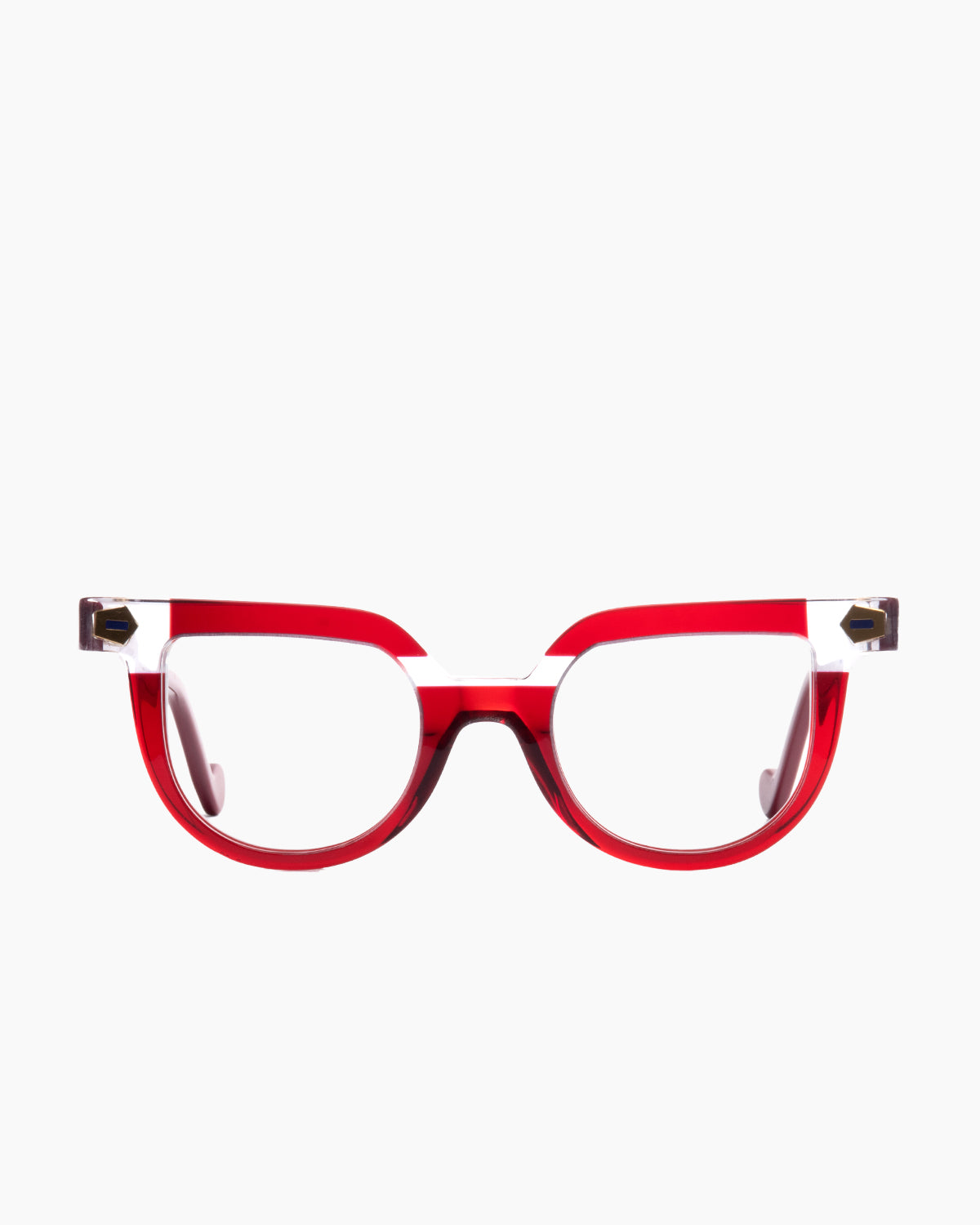 red plastic cat eyeglasses by Anne et Valentin model Transmit, front view, lunettes de vue chat couleur Rouge