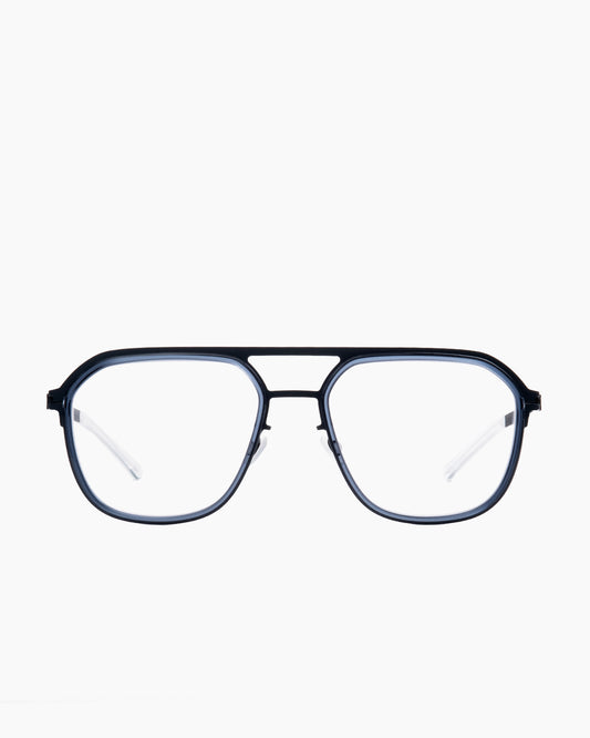 blue metal aviator eyeglasses by Mykita model Colton, front view, lunettes de vue aviateur couleur bleu