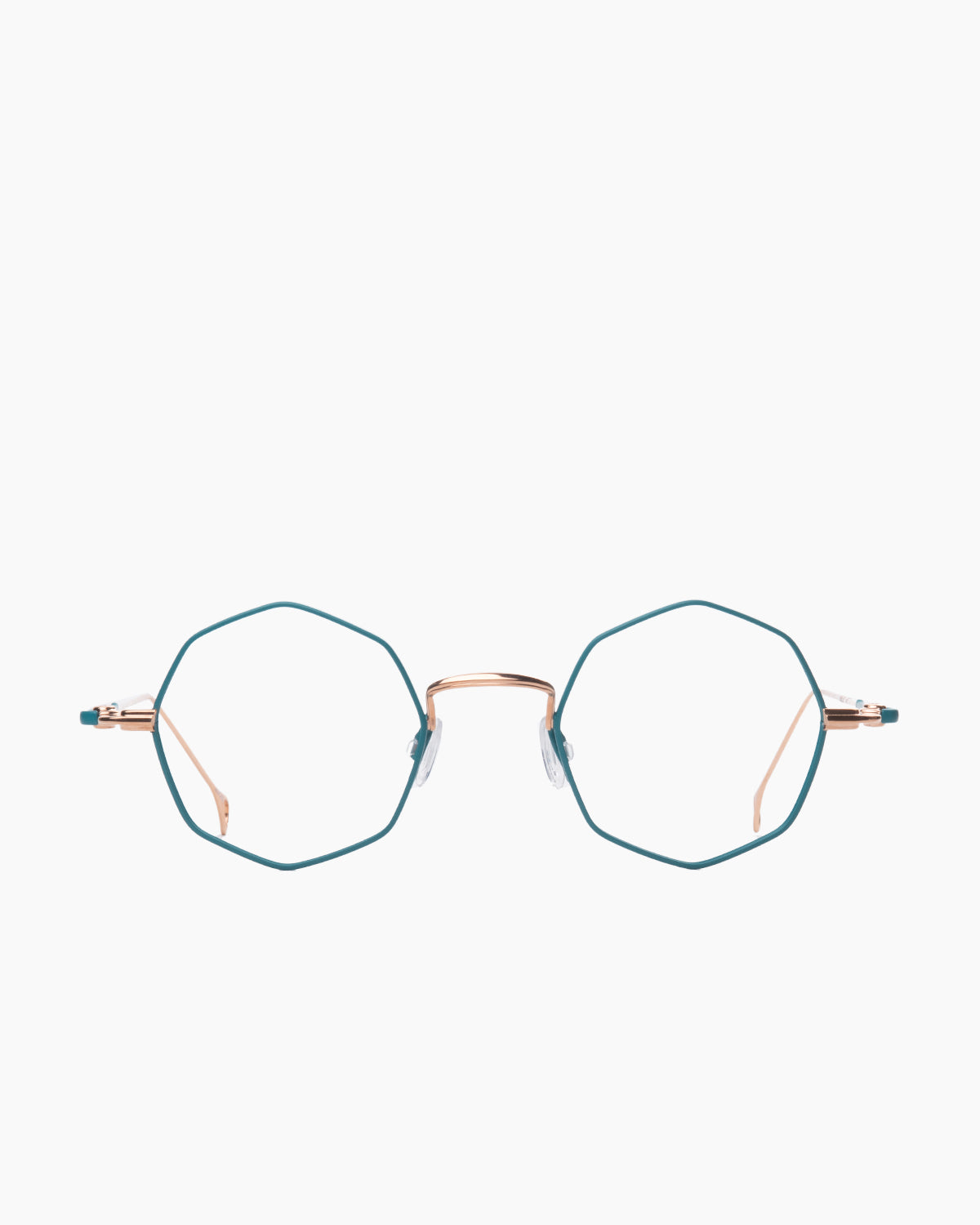 green metal octogon eyeglasses by Anne et Valentin model bLAISE, front view, lunettes de vue octogone couleur vert