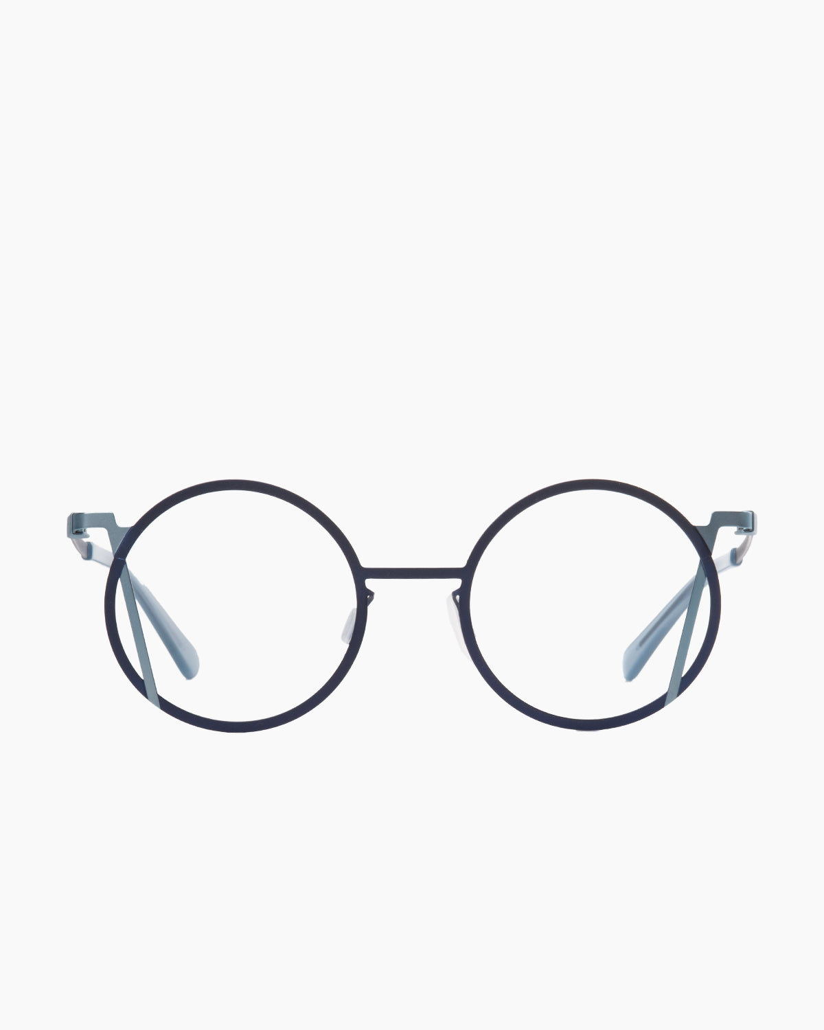 blue metal round eyeglasses by Gamine model LaRoma, front view, lunettes de vue rond couleur bleu