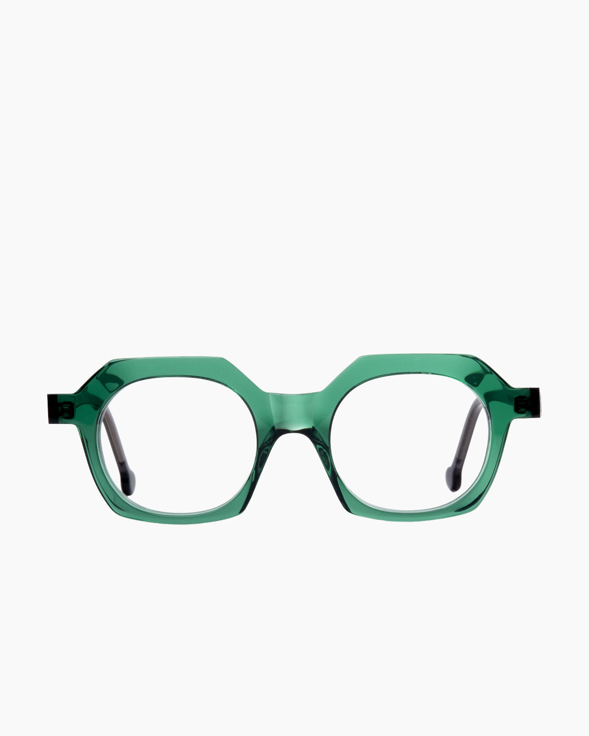 green plastic round eyeglasses by Marie-Sophie Dion model Beaudoin, front view, lunettes de vue rond couleur vert