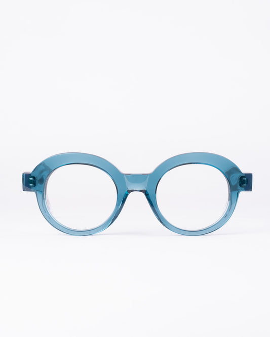 blue plastic round eyeglasses by Marie-Sophie Dion model Latraverse, front view, lunettes de vue rond couleur Bleu