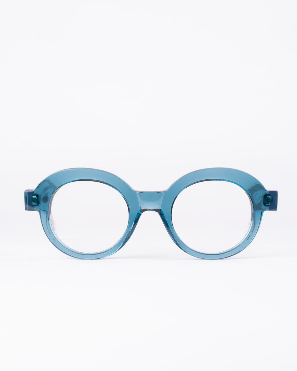 blue plastic round eyeglasses by Marie-Sophie Dion model Latraverse, front view, lunettes de vue rond couleur Bleu