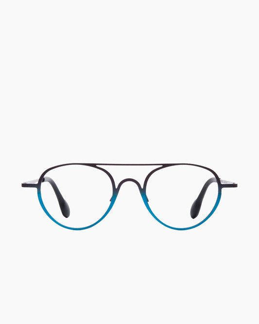 blue metal aviator eyeglasses by Theo model Century, front view, lunettes de vue aviateur couleur bleu