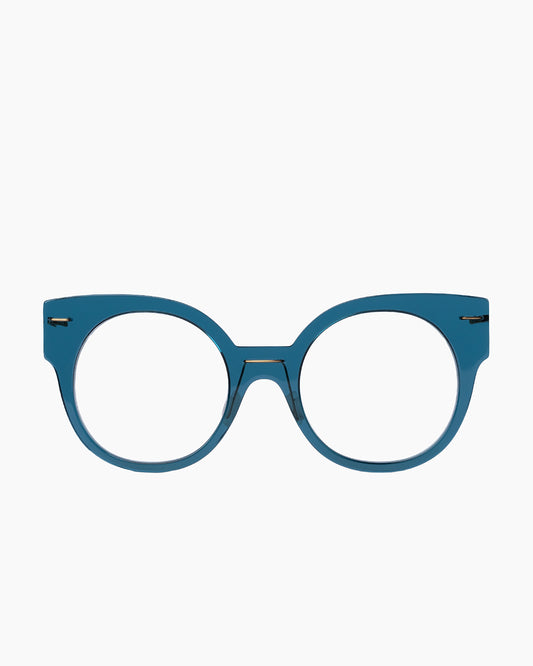 blue plastic round eyeglasses by Monogram Marie-Sophie Dion model Brixi, front view, lunettes de vue rond couleur Bleu