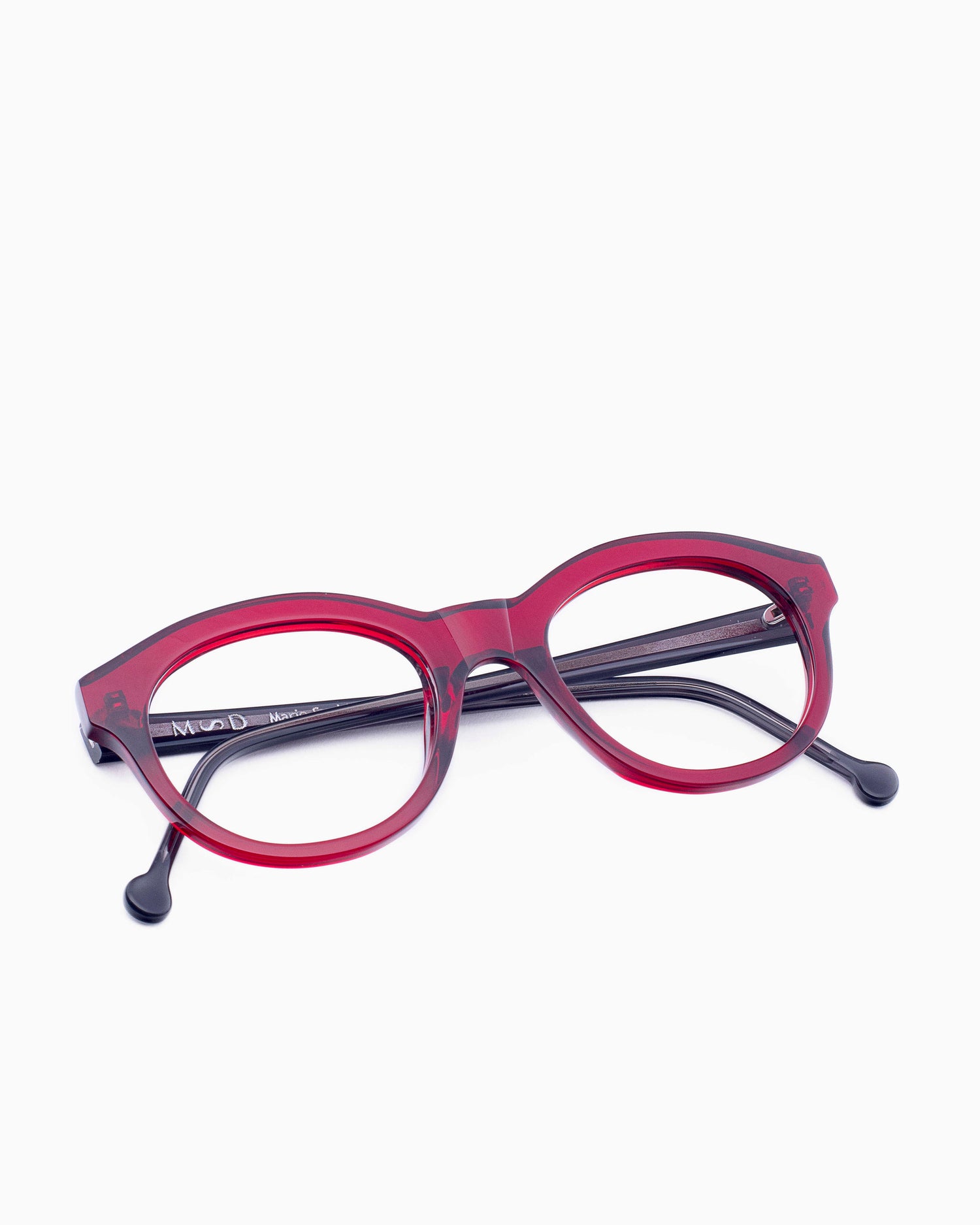 red plastic oval eyeglasses by Marie-Sophie Dion model Claus, front view, lunettes de vue ovale couleur bourgogne