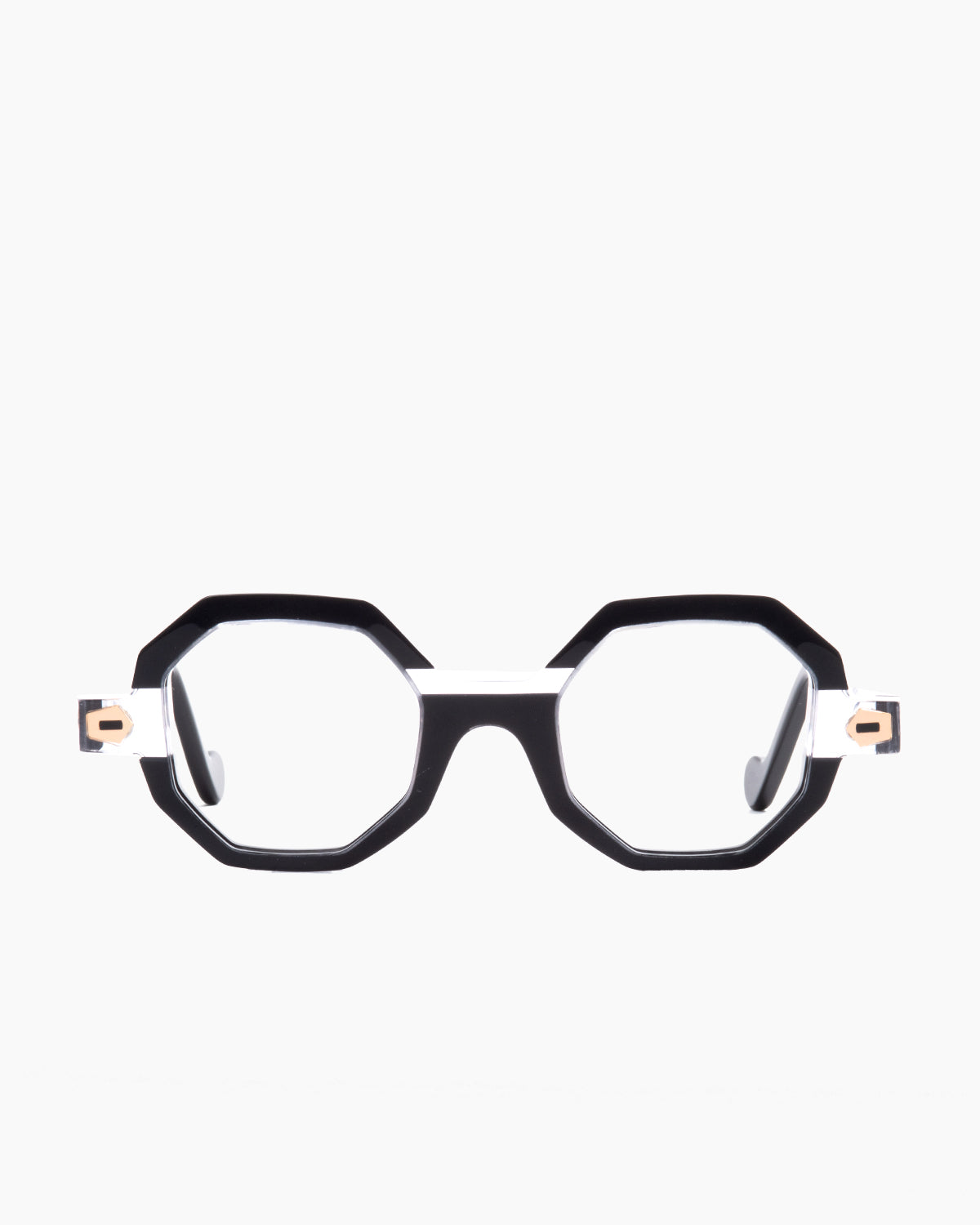 black plastic octogon eyeglasses by Anne et Valentin model TRANSPOSE, front view, lunettes de vue octogone couleur noir