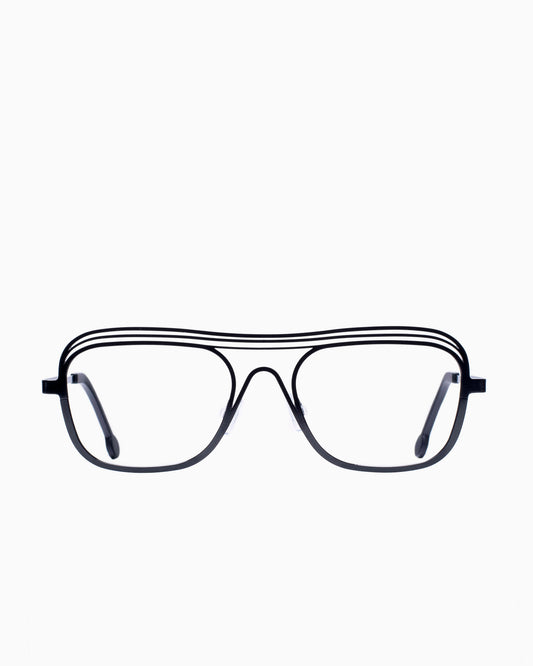 black metal aviator eyeglasses by Theo model Exchange, front view, lunettes de vue aviateur couleur Noir