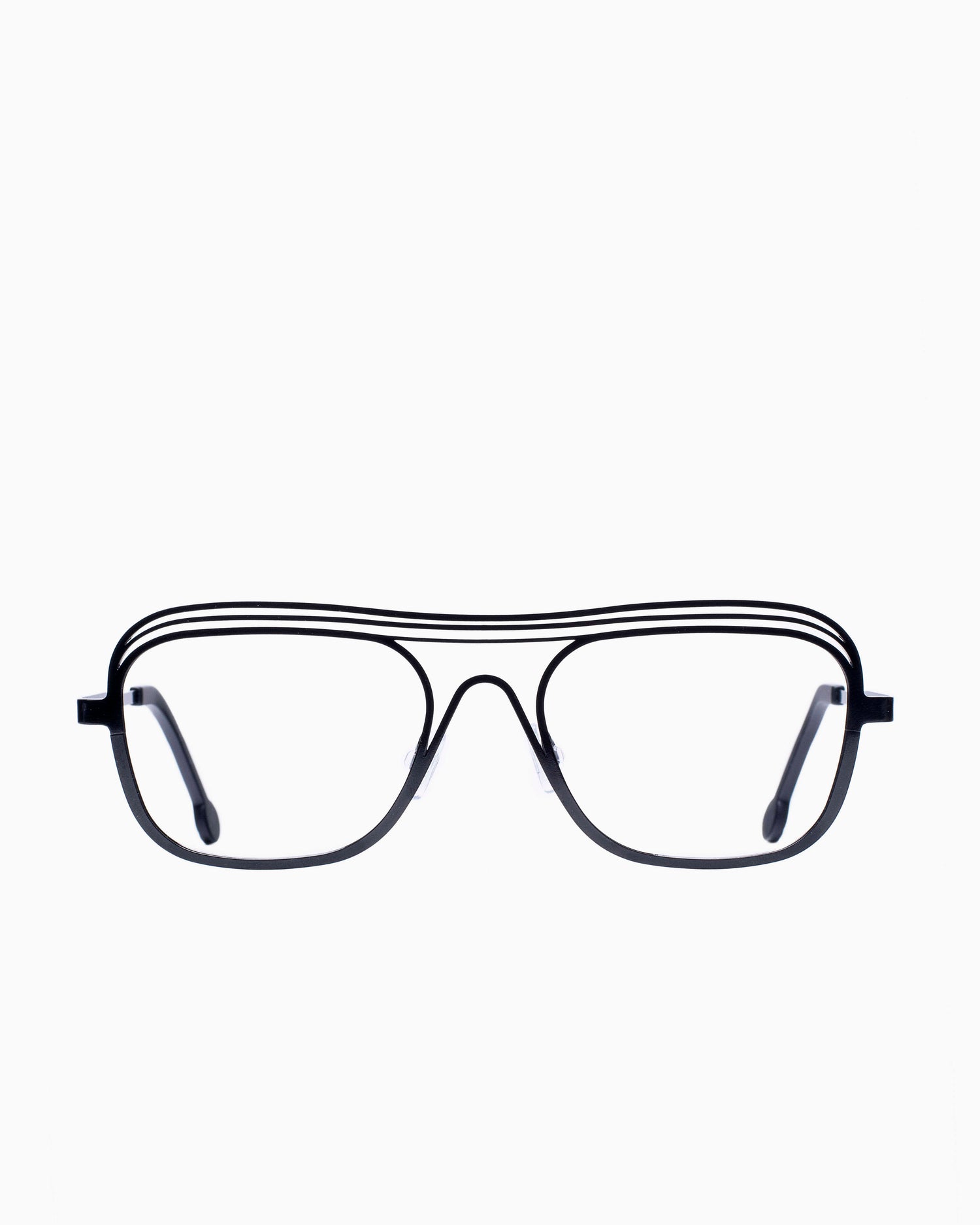 black metal aviator eyeglasses by Theo model Exchange, front view, lunettes de vue aviateur couleur Noir