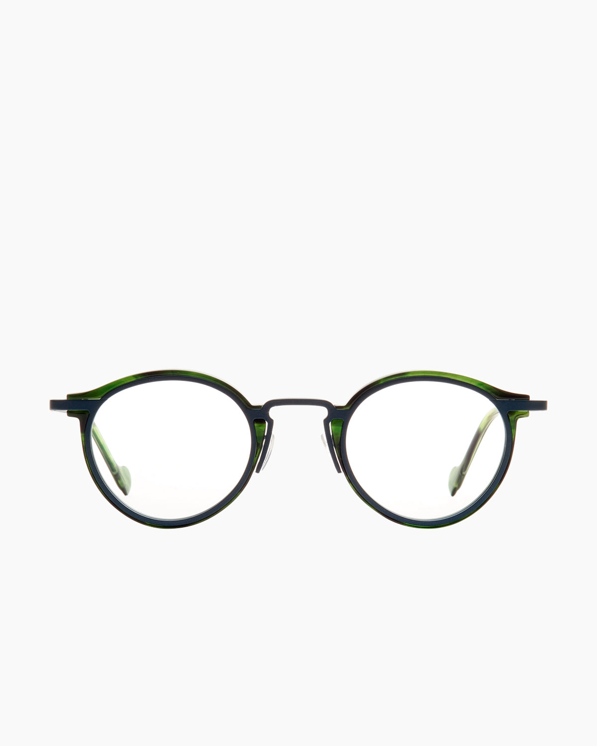 green metal round eyeglasses by Anne et Valentin model m5, front view, lunettes de vue rond couleur vert