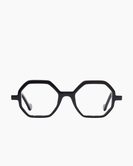 black plastic octogon eyeglasses by Anne et Valentin model Abira, front view, lunettes de vue octogone couleur noir