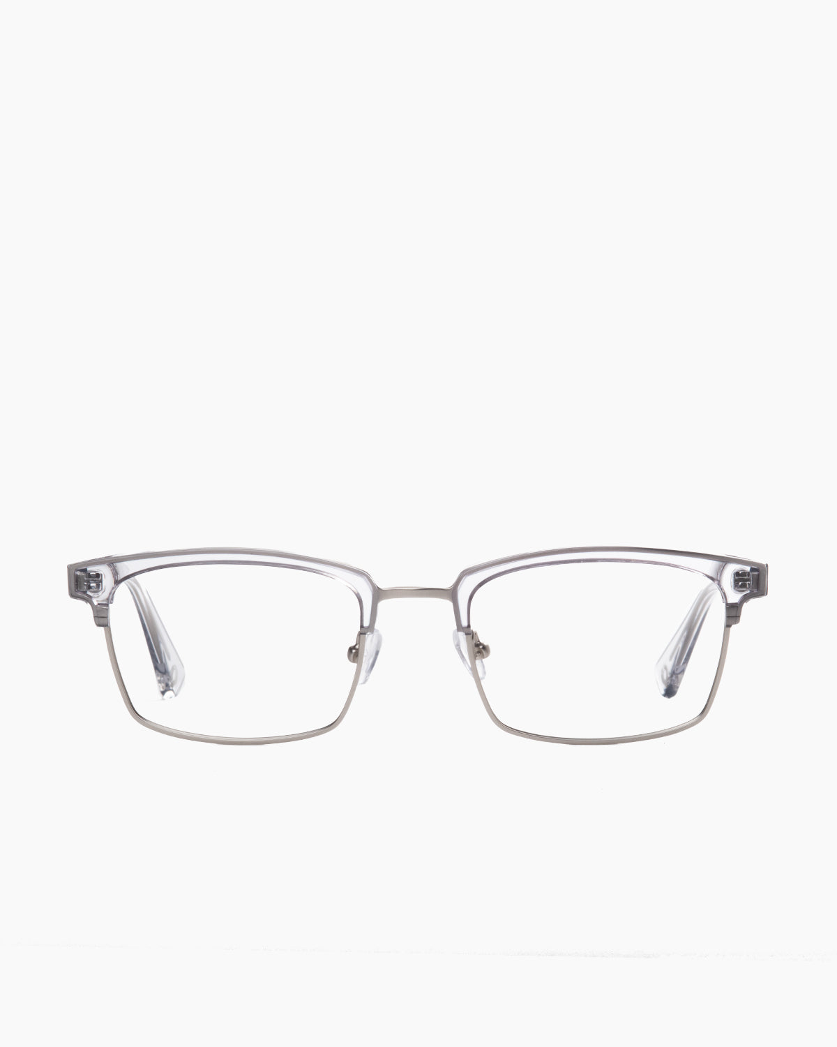 crystal metal rectangle eyeglasses by Evolve model Grover, front view, lunettes de vue rectangle couleur cristal