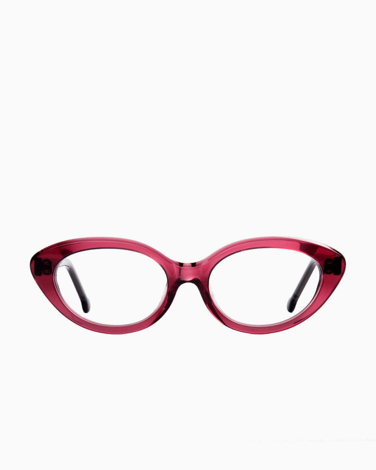 purple plastic cat eyeglasses by Marie-Sophie Dion model Moreau, front view, lunettes de vue chat couleur violet