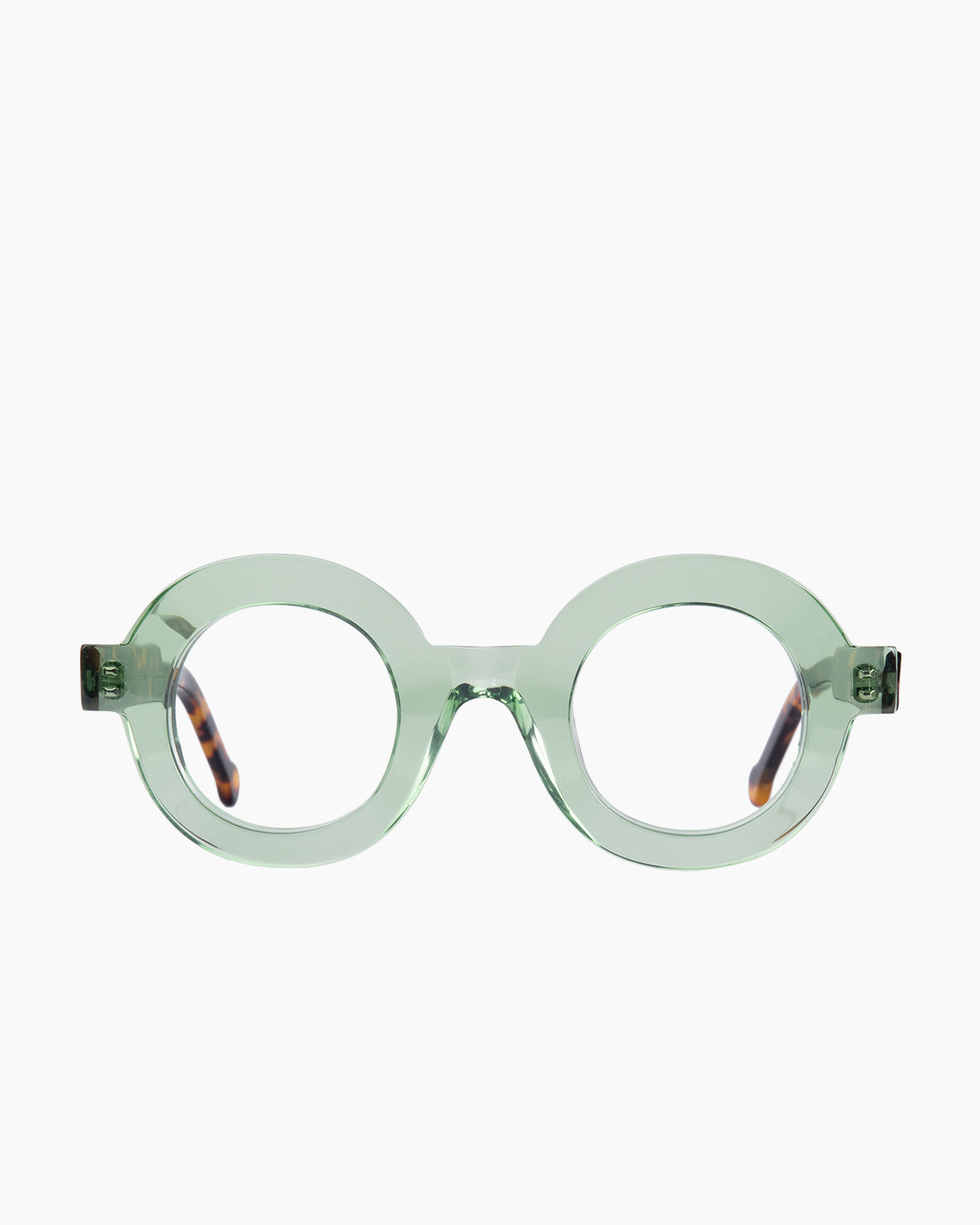 green plastic round eyeglasses by Marie-Sophie Dion model Lachances, front view, lunettes de vue rond couleur Vert