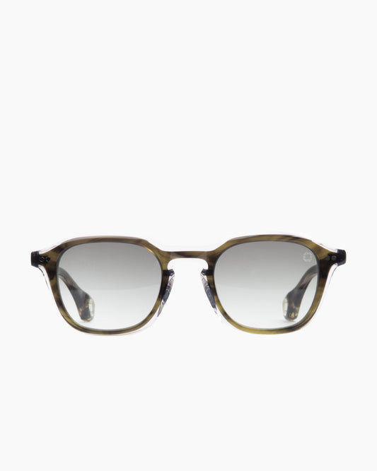green plastic rectangle sunglassesby Blake Kuwahara model Fletcher, front view, lunettes de vue rectangle couleur Vert