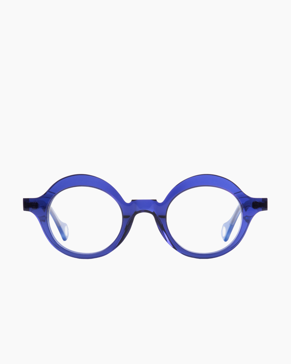 blue plastic round eyeglasses by Anne et Valentin model BILBAO, front view, lunettes de vue rond couleur bleu
