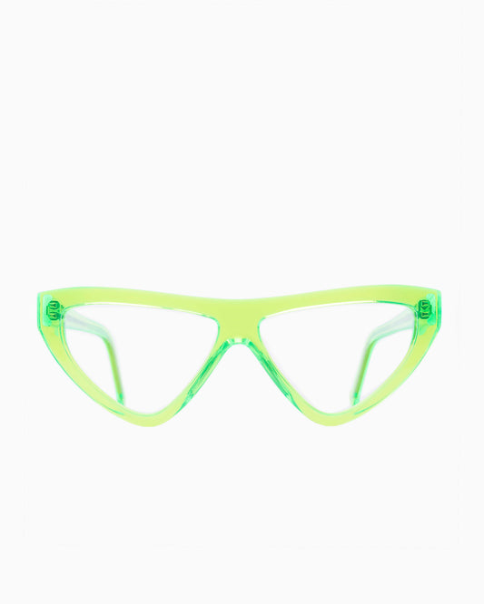lime plastic triangle eyeglasses by Marie-Sophie Dion model Hart, front view, lunettes de vue triangle couleur Lime