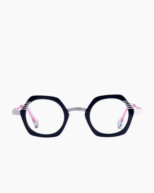 grey metal hexagon eyeglasses by Anne et Valentin model FAFI, front view, lunettes de vue hexagone couleur gris