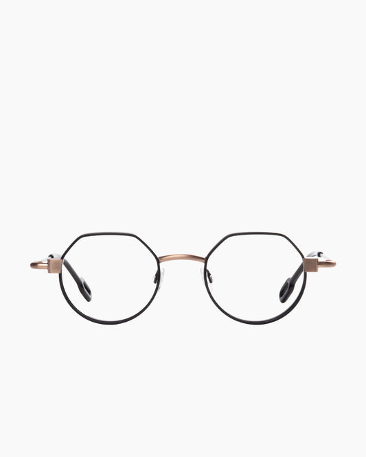black metal round eyeglasses by Anne et Valentin model MECASMART, front view, lunettes de vue rond couleur noir