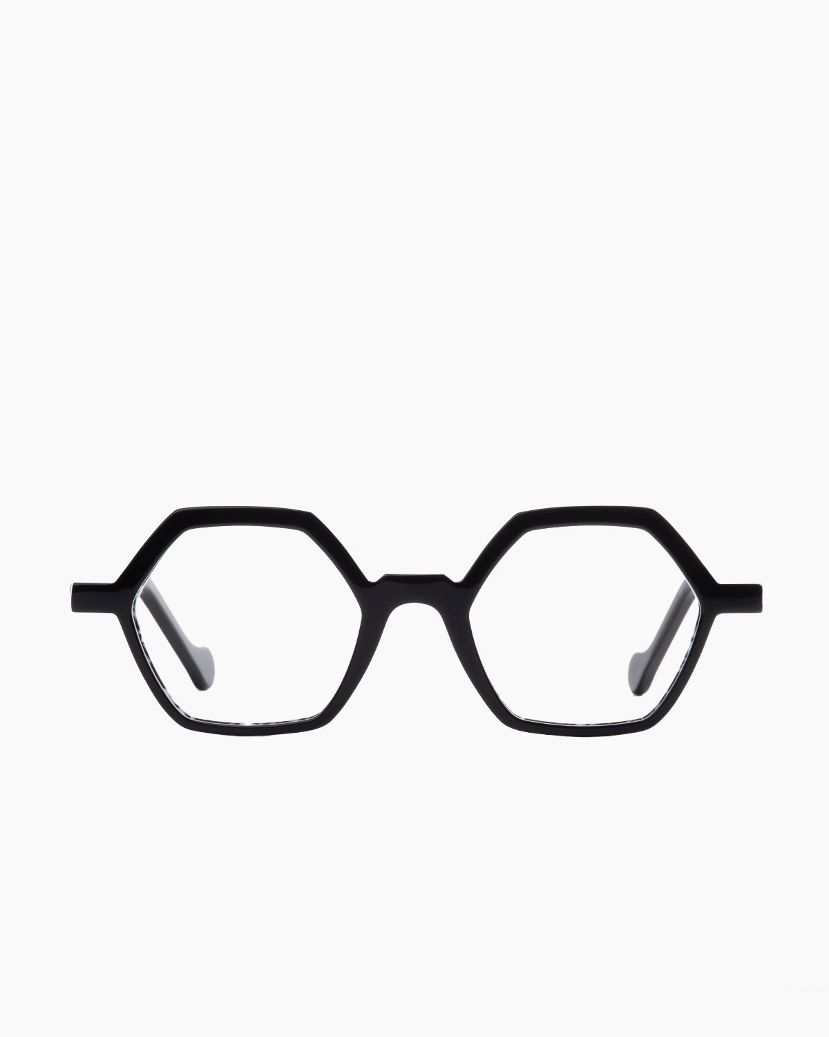 black plastic hexagon eyeglasses by Anne et Valentin model azur, front view, lunettes de vue hexagone couleur noir