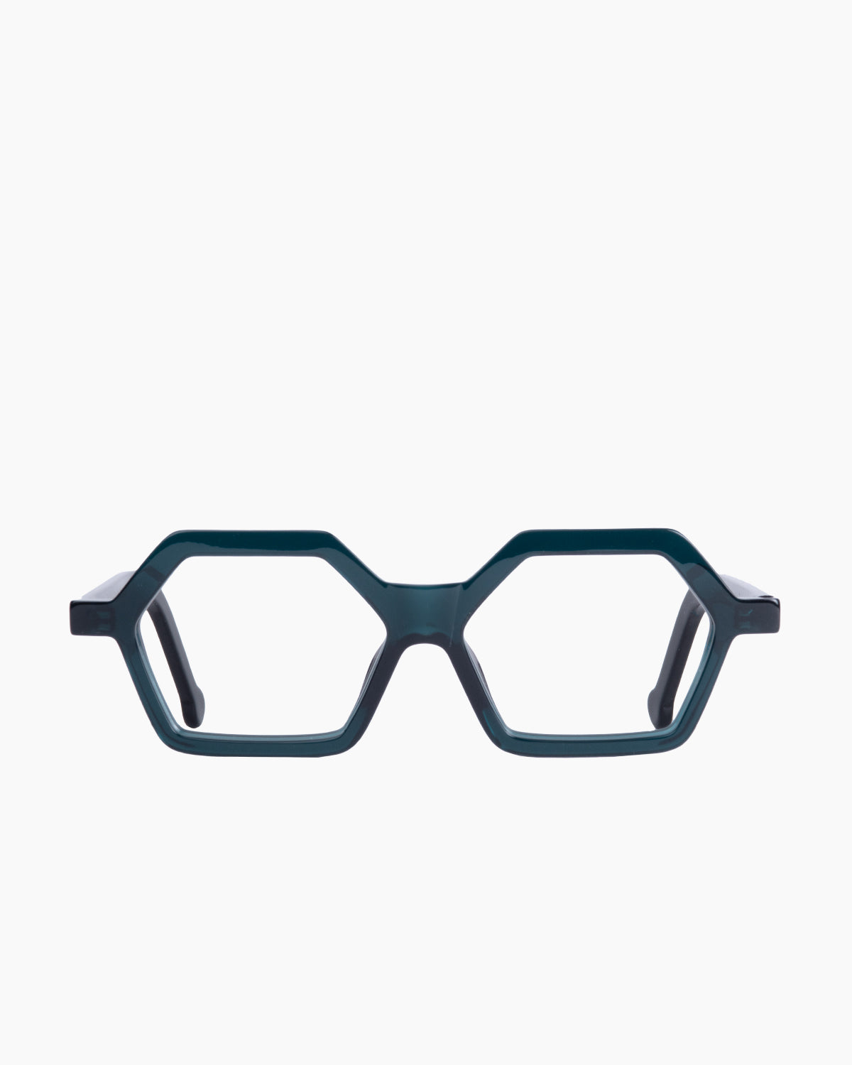 green plastic hexagon eyeglasses by Marie-Sophie Dion model Geneve, front view, lunettes de vue hexagone couleur Vert