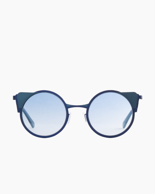 blue metal round sunglassesby Gamine model Monti S, front view, lunettes de vue rond couleur bleu