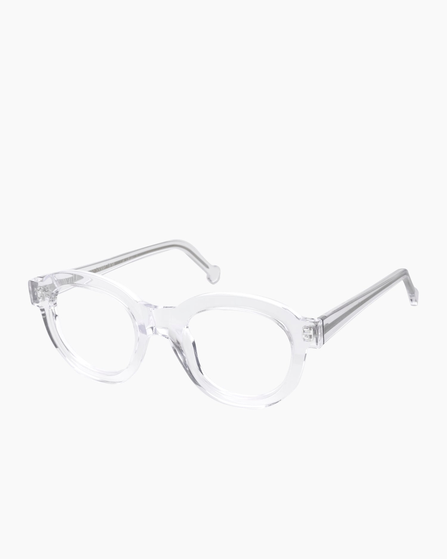 crystal plastic round eyeglasses by Marie-Sophie Dion model Claude, front view, lunettes de vue rond couleur cristal