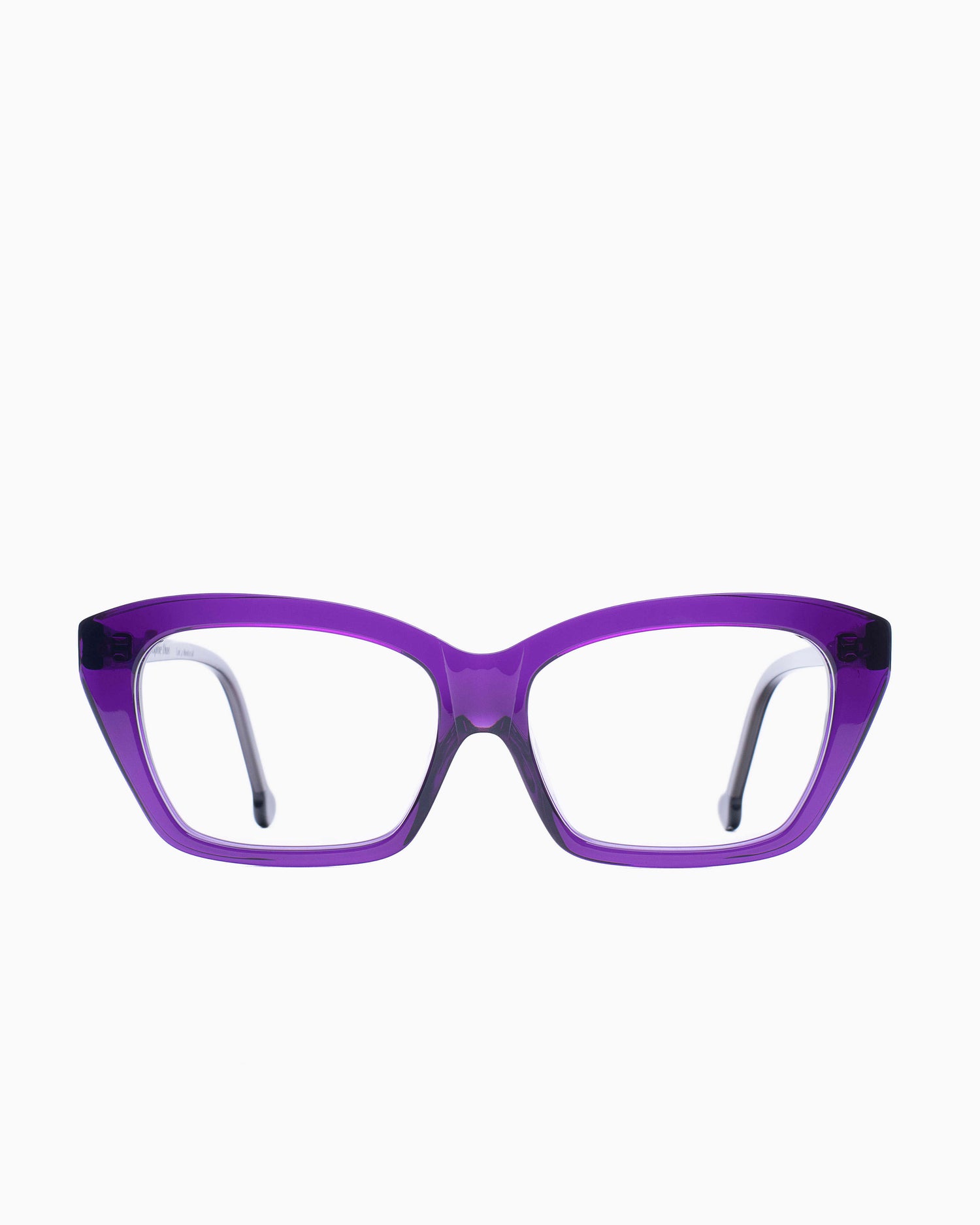 purple plastic butterfly eyeglasses by Marie-Sophie Dion model Pageau, front view, lunettes de vue papillon couleur violet