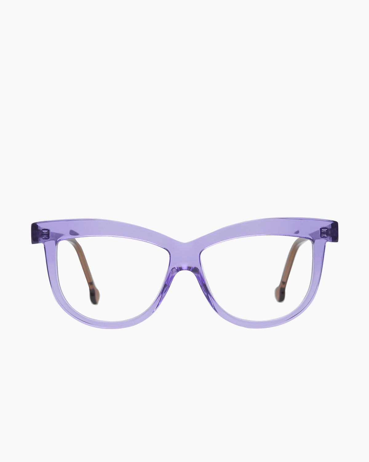 purple plastic cat eyeglasses by Marie-Sophie Dion model Elis, front view, lunettes de vue chat couleur violet