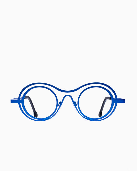 blue metal round eyeglasses by Theo model Conversation, front view, lunettes de vue rond couleur Bleu