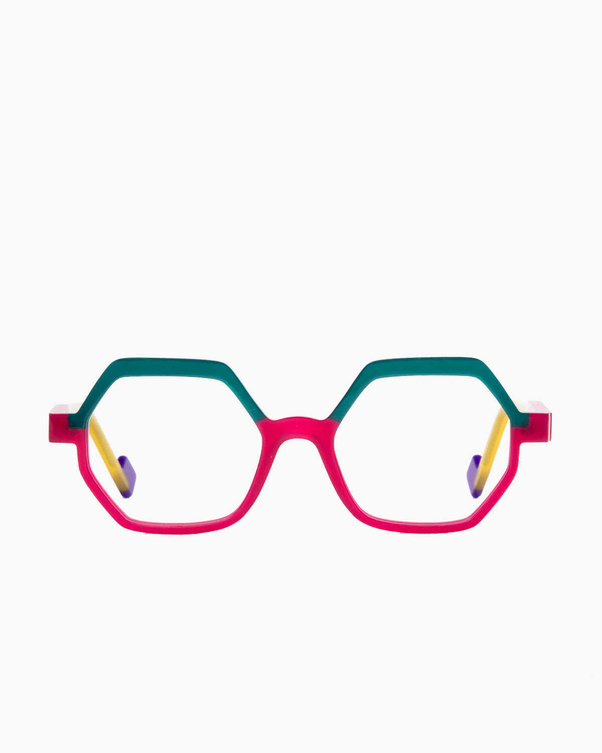 pink plastic hexagon eyeglasses by Anne et Valentin model LOGIK, front view, lunettes de vue hexagone couleur rose