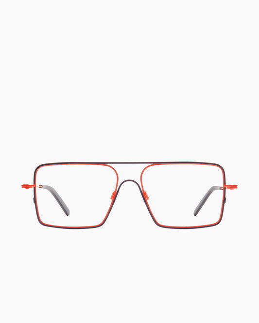orange metal rectangle eyeglasses by Theo model Isohel, front view, lunettes de vue rectangle couleur orange