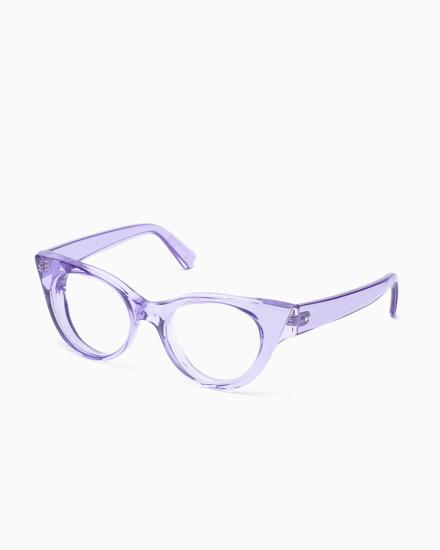 purple plastic cat eyeglasses by Kirk&Kirk model Marilyn, front view, lunettes de vue chat couleur violet