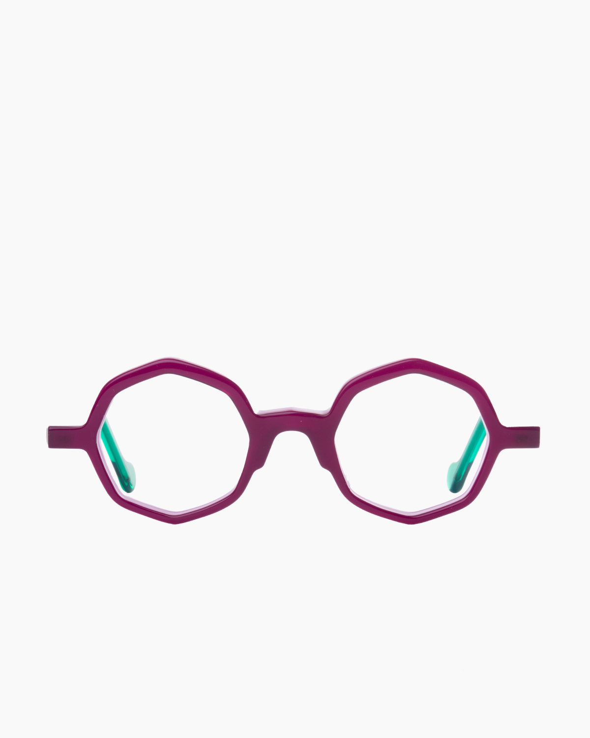 purple plastic octogon eyeglasses by Anne et Valentin model Adelys, front view, lunettes de vue octogone couleur violet