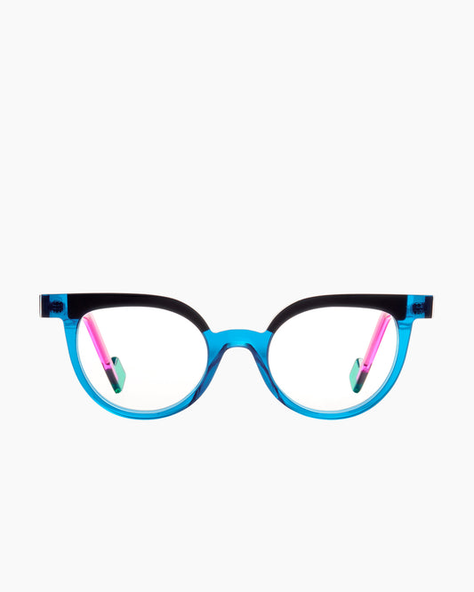 blue plastic cat eyeglasses by Anne et Valentin model lucky, front view, lunettes de vue chat couleur bleu