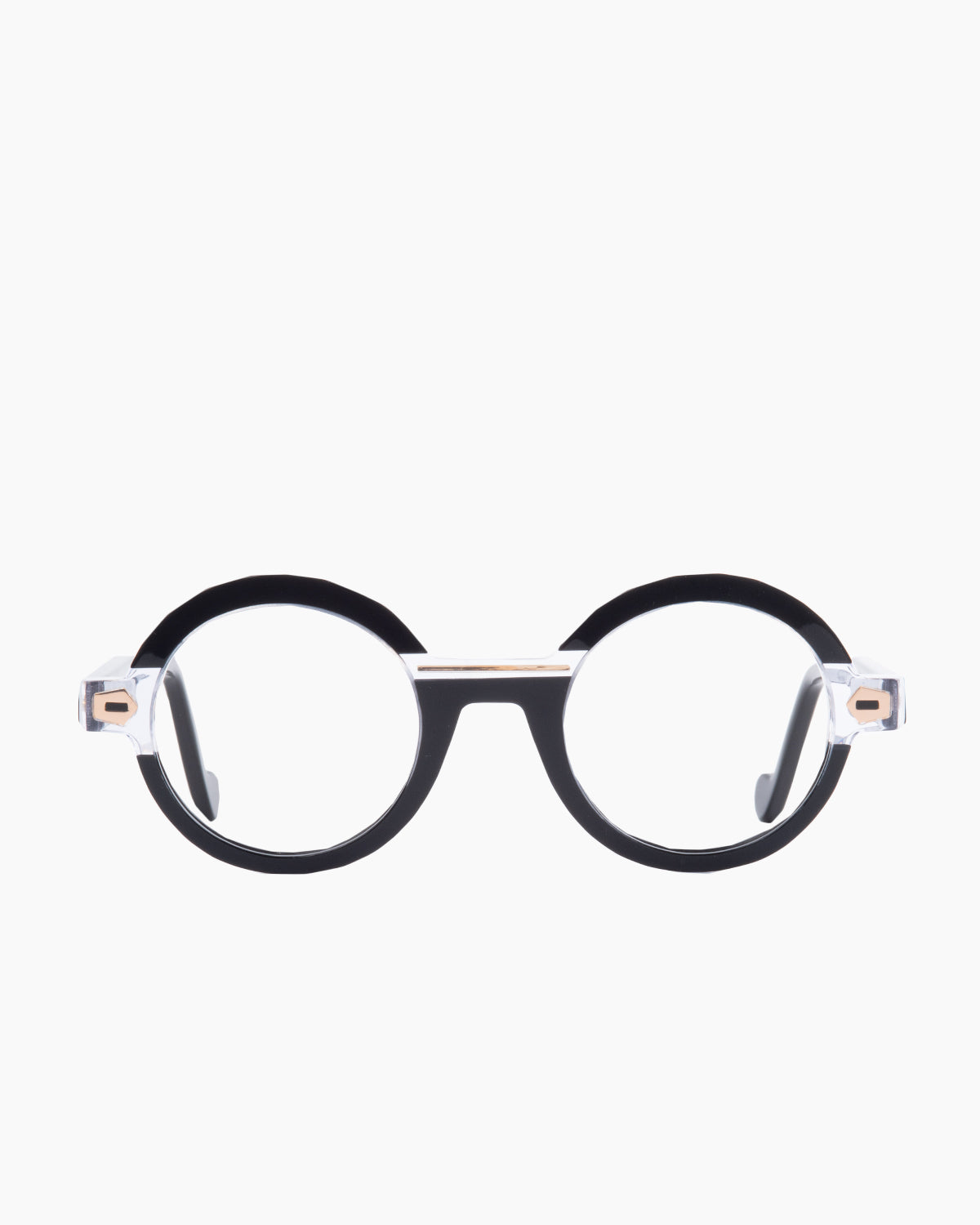 black plastic round eyeglasses by Anne et Valentin model TRANSFIGURE, front view, lunettes de vue rond couleur Noir